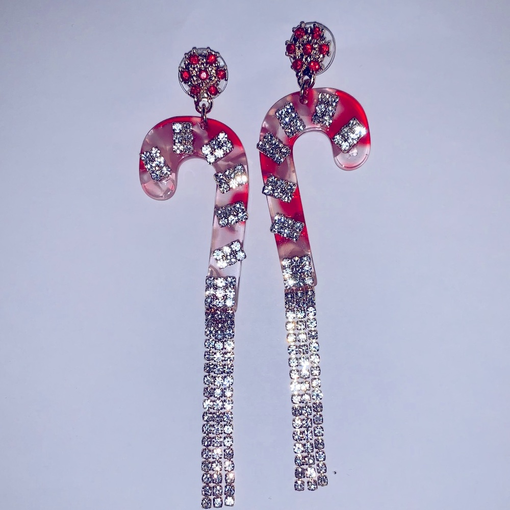 Acrylic and Jewelled Red and Clear Candy Cane Dangle Earrings